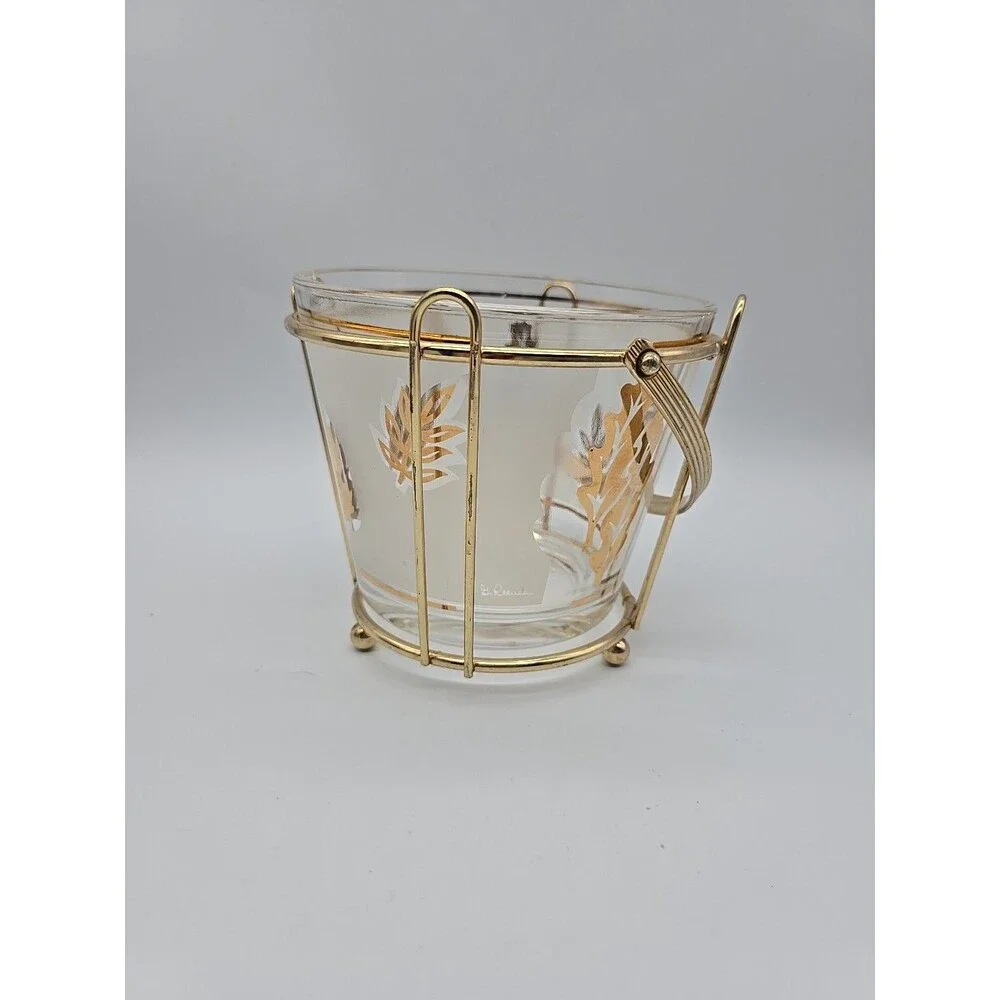MCM G Reeves Ice Bucket Gold Leaves Foliage Frosted Glass